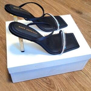 Good American NWT Crystal Black Satin Heels